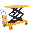 APOLLOLIFT hydraulic lift table cart; yellow platform, black scissor arms, four wheels, safety back guard