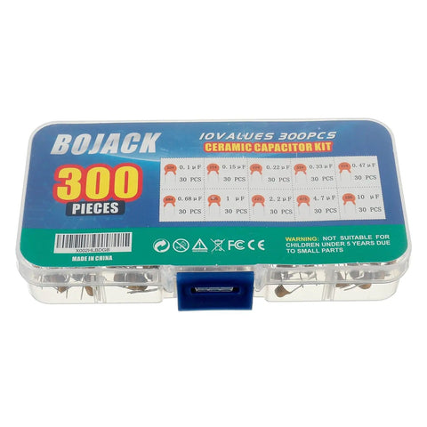 Ten Value MLCC Ceramic Capacitor Assortment Kit, 300 Pieces Total 30 Per Value, visible in a clear labeled storage box
