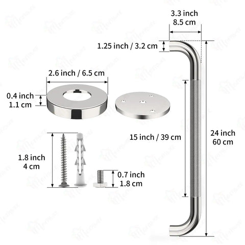 2 Pack 24 Inch Shower Grab Bar With Anti Slip Grip Chrome Stainless Steel Bathroom Grab Bar Handle dimensions and components.