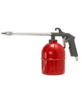 Badass Five Piece Pneumatic Air Tool Kit With Gravity Feed Paint Spray Gun Tire Inflator Pressure Gauge Spiral Hose And Air Blow Tool For Auto Body Repair Vehicle Detailing And Garage Works Built Different Gets It Done: red air blower tool with nozzle and metal control handle.