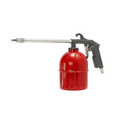 Badass Five Piece Pneumatic Air Tool Kit With Gravity Feed Paint Spray Gun Tire Inflator Pressure Gauge Spiral Hose And Air Blow Tool For Auto Body Repair Vehicle Detailing And Garage Works Built Different Gets It Done: red air blower tool with nozzle and metal control handle.