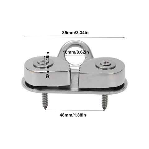 Stainless Steel Boat Cam Cleat For Rope 5 To 15mm With 3.34 Inch Fairlead Ring And Progressive Teeth, front view with dimensions.