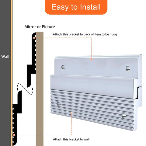 Installation guide for Heavy Duty French Cleat Picture Hanger Kit With Stealth Aluminum Wall Brackets For Artwork Mirrors And Whiteboards Holds 50 Pounds Per Pair No Sweat Install showing bracket on wall.