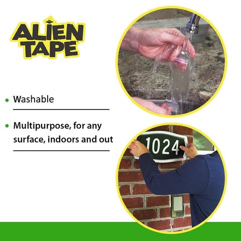 Alien Tape being washed under tap and used to mount a house number, versatile and multipurpose.