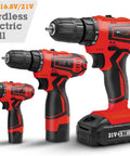 Compact 21V Cordless Drill Kit Featherweight Power Driver with three drill sizes, featuring ergonomic design and adjustable chuck.