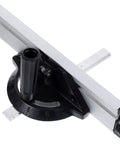 Heavy Duty Aluminum Alloy Table Saw Miter Gauge With Dead Straight Accuracy And Smooth Telescoping Arms For Rock Solid Cut Line Alignment And No Fuss DIY Woodworking close-up view of miter gauge with adjustable angles.