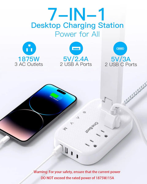 Clean Vibes Led Desk Lamp With Power Strip And 5 Ft Extension Cord featuring 3 AC outlets, USB ports, and smartphone charging.