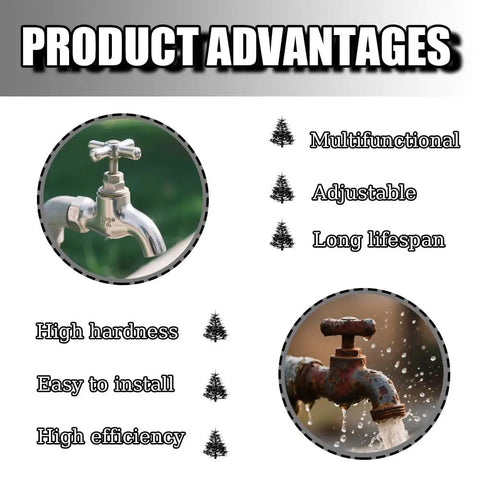 Product advantages of Pro Grade Heavy Duty Pipe Extractor Tool showing water faucets, high hardness, easy installation, long lifespan.