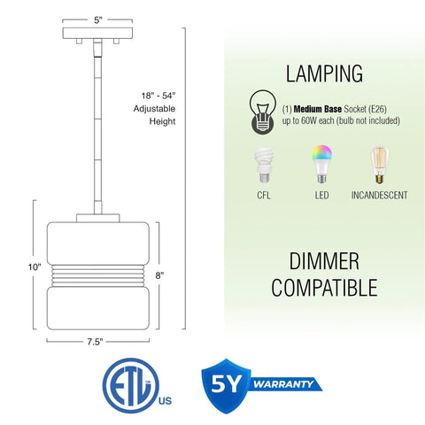 Diagram of Sage 10 Inch Farmhouse Pendant Light dimensions and compatibility with CFL, LED, Incandescent bulbs, and dimmer; ETL certified.
