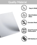 Angled front view of a 12 x 12 inch, 1/8 inch thick 304 stainless steel sheet with protective film.