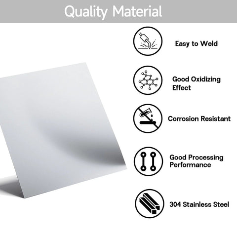 Angled front view of a 12 x 12 inch, 1/8 inch thick 304 stainless steel sheet with protective film.