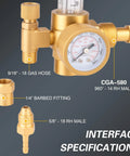 Argon And CO2 Gas Regulator With CGA 580 Inlet For TIG And MIG Welding Machines 0 To 4000 PSI, featuring interface specifications.