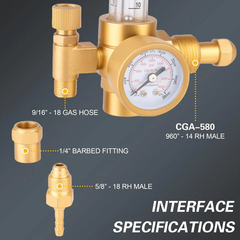 Argon And CO2 Gas Regulator With CGA 580 Inlet For TIG And MIG Welding Machines 0 To 4000 PSI, featuring interface specifications.
