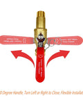Fast Drain Water Heater Drain Valve Kit with full port brass valve, 180-degree handle with chain, cap, and thread tape visible in image.