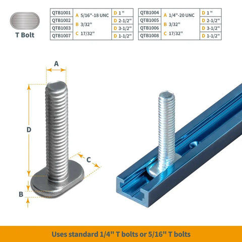 48 Inch Universal T Track With Two Hold Down Clamps For Benchtop Projects, Beefy Anodized Blue Finish, Stepped Track Design, Fits Material Up To Two And A Half Inches Thick, Screws Not Included, T bolt sizing chart