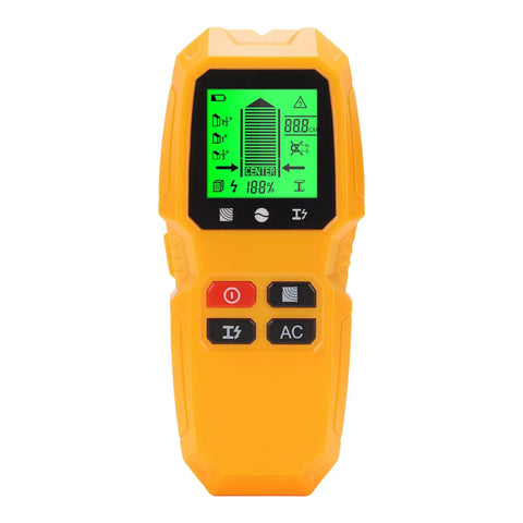 GOTOTOP Wall Detector ABS Stud Finder 5 in 1 LCD Wall Scanner in yellow showing LCD screen for AC wire detection.