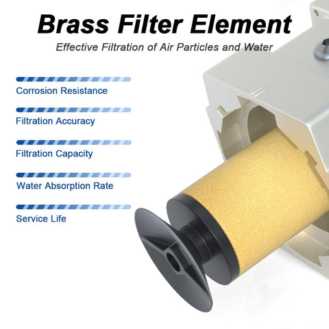 Three-Quarter Inch NPT Air Filter Regulator Combo With 5 Micron Brass Element And Semi Auto Drain, image of brass filter