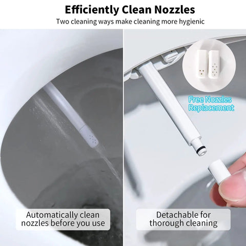 Dual Nozzle Manual Bidet Seat For Round Toilets, Non Electric, showing self cleaning nozzles and detachable feature for front and rear wash