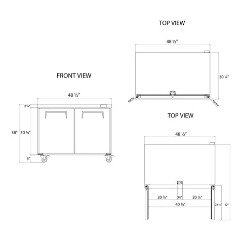 Heavy Duty 48 Inch Commercial Undercounter Freezer With Solid Stainless Exterior and Bright LED Lighting, dimensions and views.