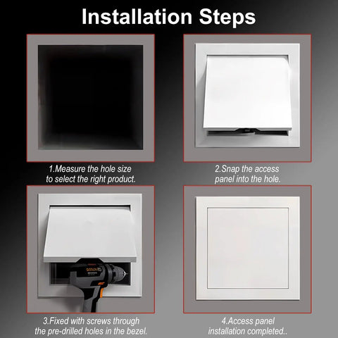 Installation steps for Slick Drywall Access Panel With Magnetic Lock, showing measuring, snapping, and securing.