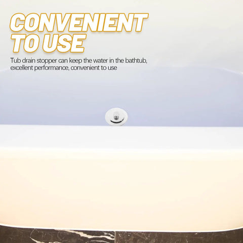 Universal Bathtub Drain Stopper, Stainless Steel Silicone, 42-44mm in a white bathtub, showing the stopper inserted in the drain.