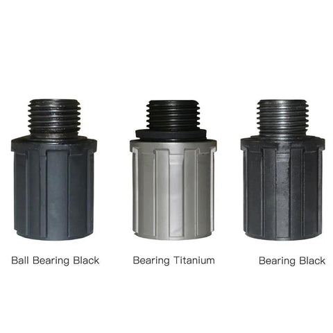 Three Heavy Duty Steel Freehub Hub Kits for 8 to 11 Speed Mountain Bikes, showing ball bearing black, titanium, and black finish.