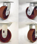 Tough As Nails Five Inch Ductile Steel Caster Set showing two heavy duty swivel wheels with silver metal brackets and red wheels.