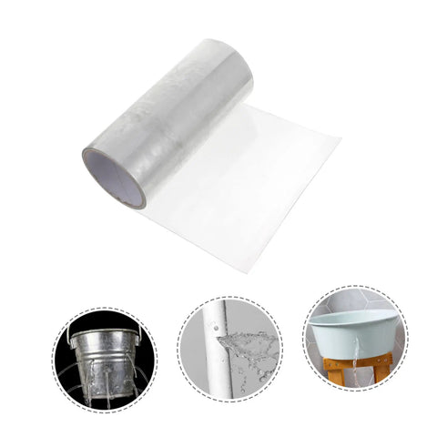 Water Pipe And Basin Seam Sealer Tape For Leak Repair Quick Fix Waterproof Mending Tape With Ultra High Adhesion For Cold Heat And High Pressure, transparent tape roll shown with leak application examples.