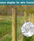 Fence with wooden posts and a pile of U-shaped staples, Pro Grade 220 Piece Heavy Duty Fencing Staples Kit, U Shaped Wire Nails For Mesh