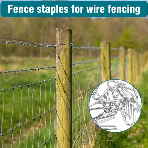 Fence with wooden posts and a pile of U-shaped staples, Pro Grade 220 Piece Heavy Duty Fencing Staples Kit, U Shaped Wire Nails For Mesh