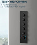 Thermostatic control panel for 27 Point 5 Inch Ceiling Mount Shower System With Thermostatic Control And 64 Color Led Lighting in matte black.