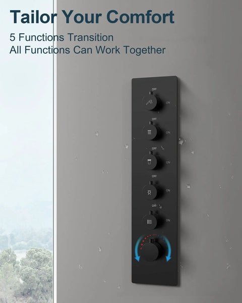 Thermostatic control panel for 27 Point 5 Inch Ceiling Mount Shower System With Thermostatic Control And 64 Color Led Lighting in matte black.