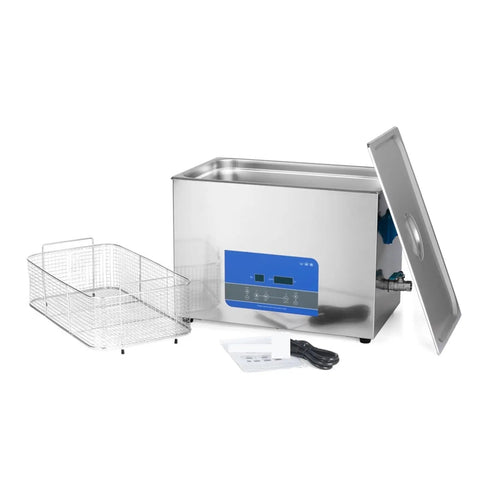 Fully Automatic Ultrasonic Cleaner For Vinyl LP And EP Discs With Badass 27 Liter Tank and 500 Watt Output to blast away gritty dust and keep your tunes fresh. Image of stainless steel cleaner with basket.