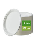 Heavy Duty 9 Inch Disposable Party Plates 150 Pack Eco Friendly Biodegradable Sugarcane Bagasse White Unbleached Dinner Plates
