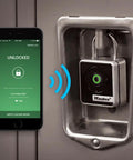 Indoor Bluetooth Padlock For Lockers And Storage With Smartphone Unlock And Keypad Backup Compact Two Inch Wide Ideal For School Gym Office And Employee Lockers in use with smartphone app