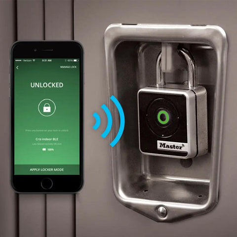 Indoor Bluetooth Padlock For Lockers And Storage With Smartphone Unlock And Keypad Backup Compact Two Inch Wide Ideal For School Gym Office And Employee Lockers in use with smartphone app