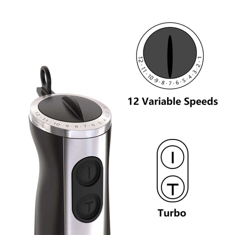 Real Deal 1000 Watt Handheld Immersion Blender With Stainless Steel Shaft and Dual Speed Settings speed control dial and buttons