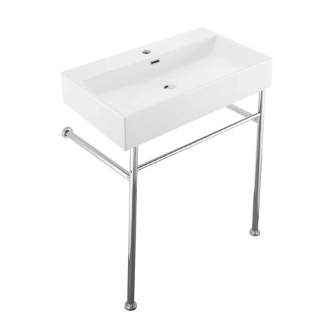 Claire 30 Inch Ceramic Console Sink With Glossy White Basin, Scratch Resistant Non Porous Ceramic, Chrome Legs