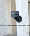 Super Dope Magnetic Camera Mount Snaps On Tight For GoPro Hero Insta360 And DJI Action Cameras Featuring Versatile Quarter Inch Thread Adapter Plate on a metal surface.
