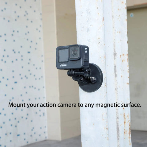 Super Dope Magnetic Camera Mount Snaps On Tight For GoPro Hero Insta360 And DJI Action Cameras Featuring Versatile Quarter Inch Thread Adapter Plate on a metal surface.
