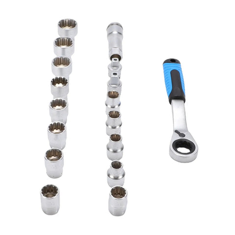 17 Piece Pass Through Socket Set With 72 Tooth Ratchet Wrench Crafted From Tough Chrome Vanadium Steel showcasing sockets and ratchet.