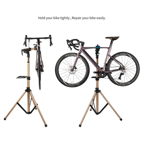 Two Leg Bike Repair Stand For Home Mechanics, Easy Setup Bicycle Maintenance Rack holding a bicycle, black and bronze finish