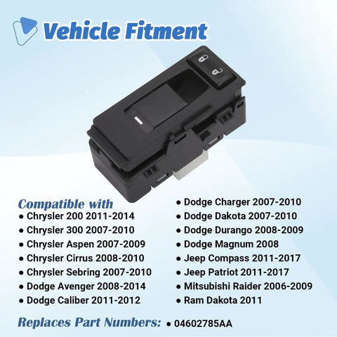 Passenger Side Power Window Switch Fits 2006 2017 Chrysler 200 300 OEM Style Replacement; compatibility list and part number shown