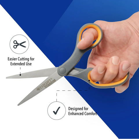 Hand holding 8 Inch Titanium Bonded Straight Scissors With Soft Grip Handle Gray And Yellow 4 Pack For Precision Cutting