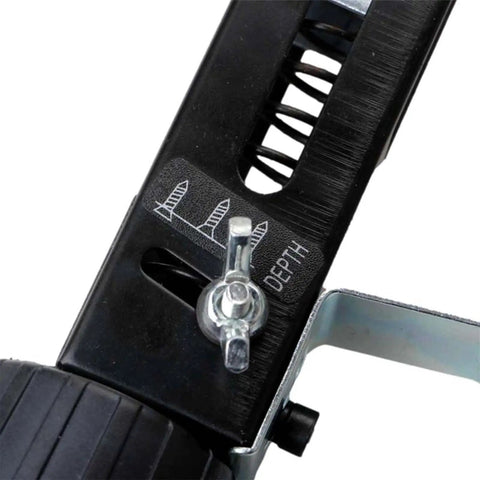 Close-up of Badass Adjustable Automatic Chain Screw Gun Adapter For Drywall And Plasterboard Auto Feed Nailing Machine Attachment showing depth adjustment feature.