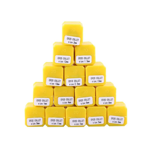 Heavy Duty ER20 Spring Collet Set Includes 15 Precision Metric Steel Collets From 1 To 13mm, showcasing yellow collet sizes.