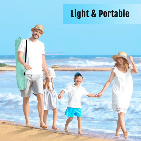 Family carrying Deluxe XL Pop Up Beach Tent Sun Shade For 3 To 4 People With UV Protection And Extendable Floor on a beach day