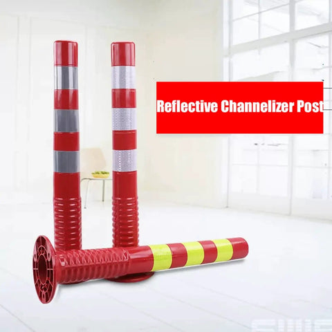 3 Pack Fixed Heavy Duty PVC Parking Bollards With Expansion Bolts Flexible Traffic Delineator Posts With High Vis Reflective Tape For Crowd Control And Street Security Kick Ass Impact Resistant Road Barriers In Red And Silver Colors in a bright indoor setting.