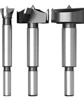 Front view: three steel wood-cutting hole saw drill bits with 18mm cores for woodworking