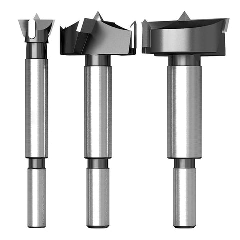 Front view: three steel wood-cutting hole saw drill bits with 18mm cores for woodworking